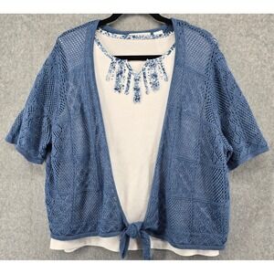 Alfred Dunner Blue Open Knit Tie Front Cardigan and Embellished Top Set XL